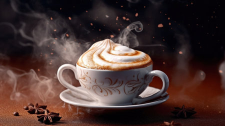 A steaming cup of cappuccino, artfully decorated with frothy milk, sits on a saucer. The rich aroma is visible in the rising steam.の写真素材