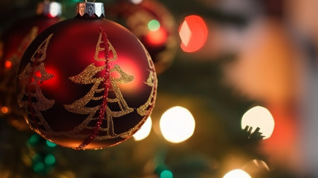 Close-up of a red Christmas ornament adorned with golden trees, hanging from a festively lit Christmas tree. Warm lights create a blurred bokeh effect in the background.の写真素材