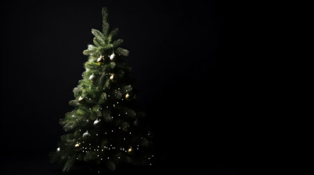 A beautifully decorated Christmas tree stands against a pitch-black background. The lights twinkle, creating a magical atmosphere.の写真素材