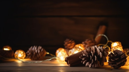 A warm and inviting winter scene featuring pine cones, glowing string lights, and a cinnamon stick, all set against a dark wooden background.の写真素材