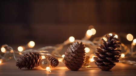 Three pine cones nestled amongst warm, glowing fairy lights create a cozy winter scene. Perfect for holiday decorations.の写真素材