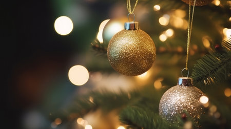 Close-up of glittering golden ornaments hanging on a Christmas tree, illuminated by warm lights....