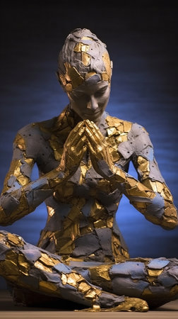 A captivating sculpture of a woman in a meditative pose, adorned with gold leaf. The piece conveys...