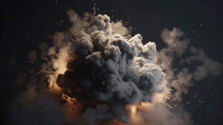 A powerful explosion captured in a dynamic image. Smoke and fire billow in a chaotic display of...