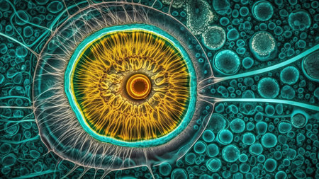 An abstract close-up of an eye, with vibrant colors and intricately resembling a microscopic view.