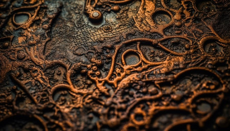 Close-up shot revealing the intricate texture of a copper artwork. The image showcases a complex pattern of deep browns and bronze hues.の写真素材
