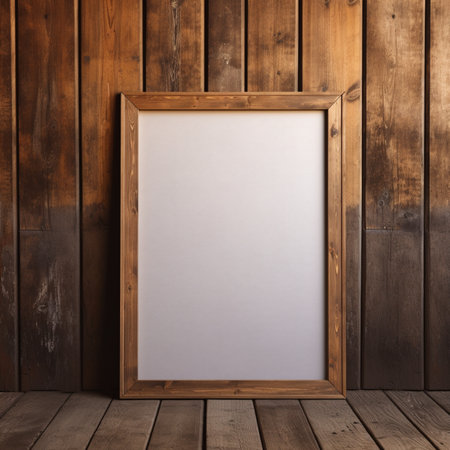 Blank wooden frame mockup against a rustic wooden wall. Perfect for showcasing your artwork or designs.の写真素材