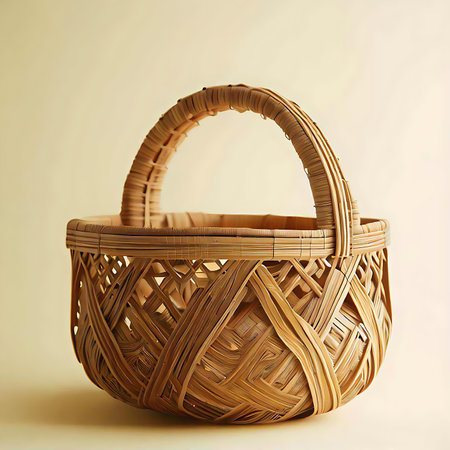 A beautiful handcrafted bamboo basket with intricate weaving. Perfect for home decor or storage.の写真素材
