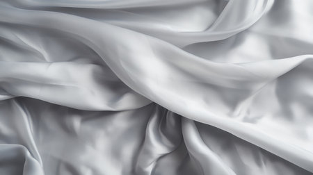 Close-up of a luxurious silver fabric with soft, elegant drapes and folds. Perfect for backgrounds.の写真素材