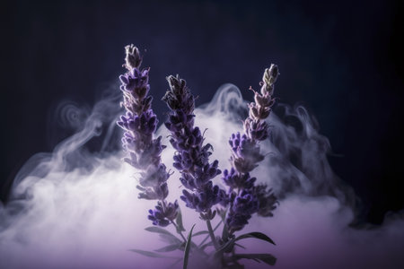 A captivating image of lavender blossoms emerging from a soft, ethereal haze. The dark background enhances the purple flowers, creating a mystical and serene mood.の写真素材