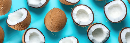A vibrant flat lay showcasing halved and whole coconuts on a turquoise backdrop. Evokes summer...