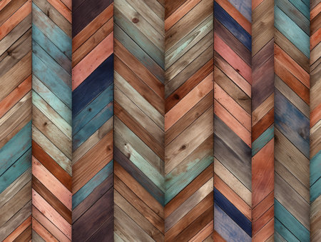 Rustic chevron wooden pattern with multicolored planks. Vintage and colorful wooden background texture.の写真素材