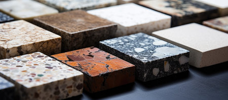 Close-up view of various stone samples, showing different colors and textures. Ideal for design and construction projects.の写真素材