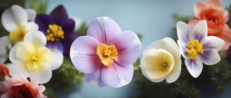 Close-up view of a vibrant and delicate arrangement of pastel-colored flowers, showing their intricate details.の写真素材
