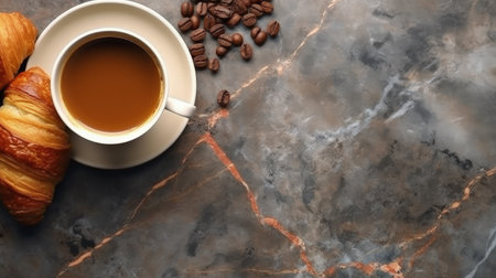 A cup of coffee with croissants on a marble background. Coffee beans scattered near by.の写真素材