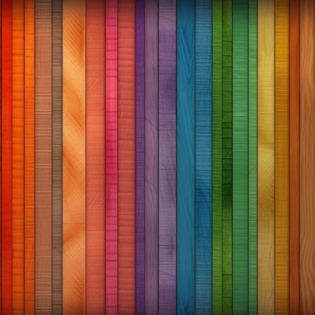 A vibrant image showcasing colorful rainbow wood planks arranged vertically creating a stunning texture background ideal for design projects.の写真素材