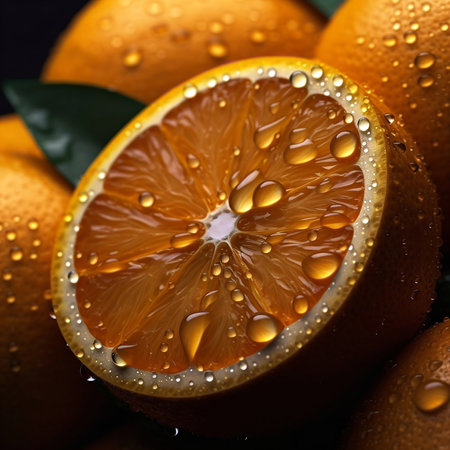 Close-up of a juicy orange slice with water droplets, showing its vibrant color and texture.の写真素材