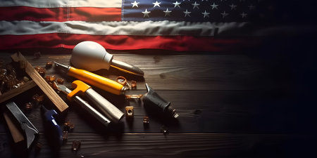 Tools arranged on a wooden surface with an American flag in the background. Represents American craftsmanship and pride.の写真素材
