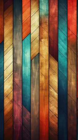 Abstract background of colorful wooden planks with varied textures and colors.の写真素材