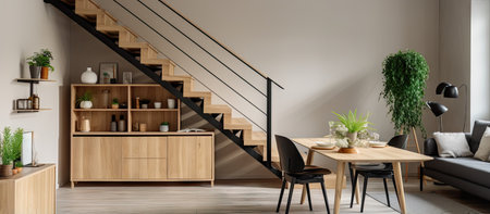 Stylish modern apartment showcasing a wooden staircase, dining area, and natural decor elements....