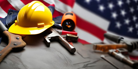 Happy Labor Day! Tools, hard hat, and American flag symbolize the dedication and hard work of American laborers.の写真素材