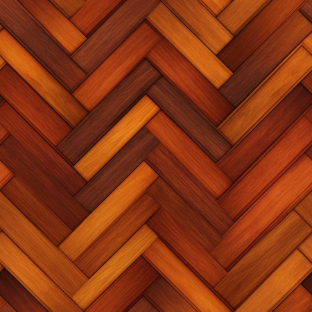 A close-up view of a herringbone wood floor with rich brown and orange tones. The seamless pattern is ideal for design projects.の写真素材