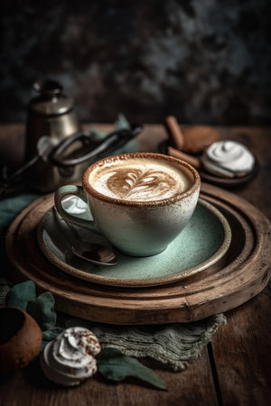 A delightful image of a perfectly crafted latte art in a teal cup, surrounded by cookies and meringues on a rustic wooden table.の写真素材