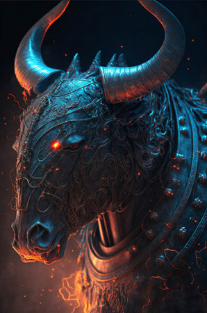 A digital painting of a majestic minotaur, adorned in fiery armor, set against a dark backdrop.