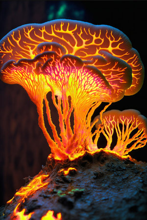 Stunning close-up of bioluminescent fungi emitting a vibrant orange glow in the dark. Nature's...