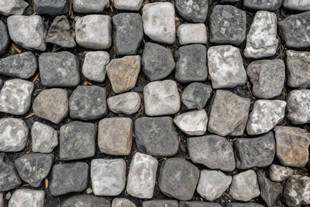 Close-up view of a cobblestone pavement. The stones are various shades of gray and white, creating a textured surface.の写真素材