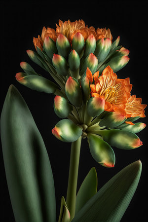 A striking image showcasing a close-up of a Clivia Miniata flower in full bloom. The vibrant colors...