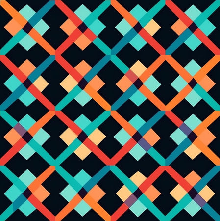 A vibrant abstract geometric pattern featuring intersecting lines and shapes in various colors....