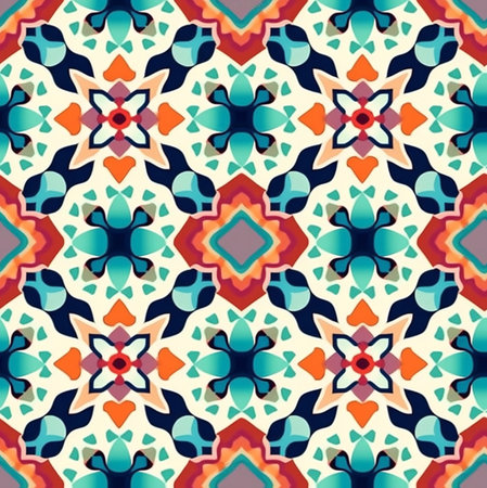 Colorful geometric textile pattern. Vibrant colors and intricate details create a stylish design.