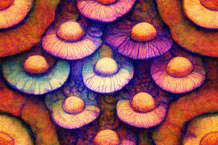 Close-up view of a cluster of vibrant, colorful mushrooms. A psychedelic and artistic depiction of nature.の写真素材