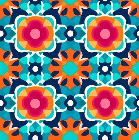 A dazzling display of vibrant colors and intricate patterns. This kaleidoscopic design features a seamless repetition of floral and geometric motifs.の写真素材