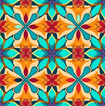 A vibrant and intricately kaleidoscopic pattern featuring floral and geometric shapes in bright orange, teal, and red hues. Perfect for background or textile design.の写真素材