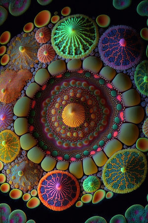 A mesmerizing fractal mandala bursts with vibrant colors and intricate details. Its complex...