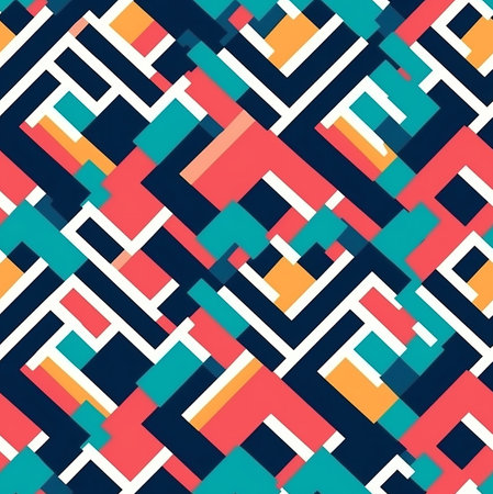 A vibrant and colorful abstract geometric pattern featuring interlocking shapes and lines. Perfect for backgrounds or design elements.の写真素材