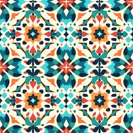 A vibrant and intricate tile pattern featuring mandala-like designs. The image showcases a...