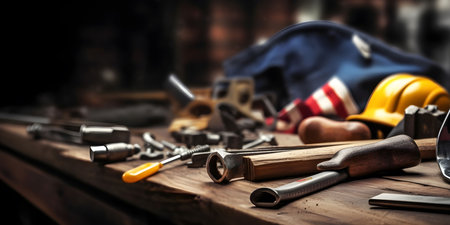 Close-up view of various tools on a wooden workbench, including a hammer, safety helmet, and other...