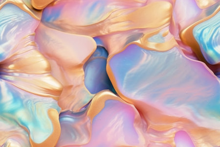 An abstract image featuring a blend of pastel and iridescent colors, creating a dreamlike and...