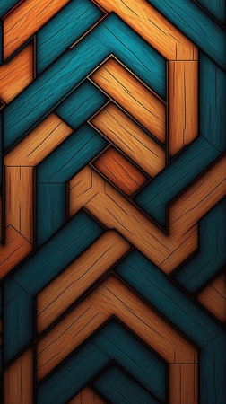 Intricate design featuring teal and brown wooden blocks. Geometric shapes create a visually appealing pattern.の写真素材