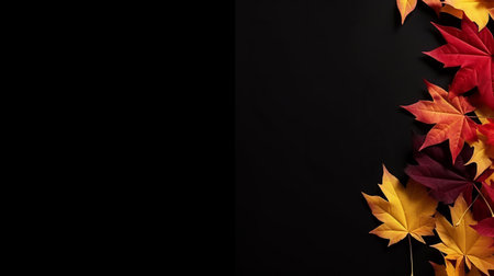 Colorful autumn leaves arranged on a black background. Perfect for fall-themed designs.の写真素材