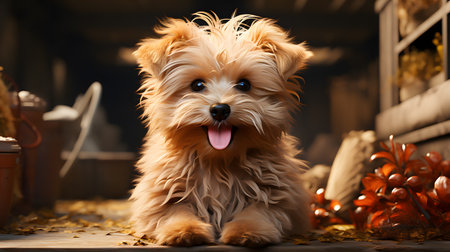 A heartwarming image of a fluffy, golden-brown puppy with a happy expression. The rustic background enhances the charming character of the pet.の写真素材
