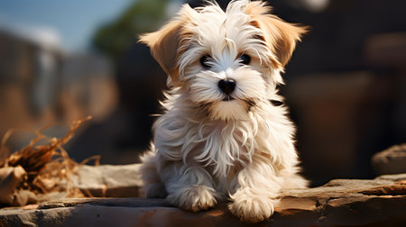 A charming image of a fluffy cream-colored puppy sitting peacefully on a rock outdoors.の写真素材