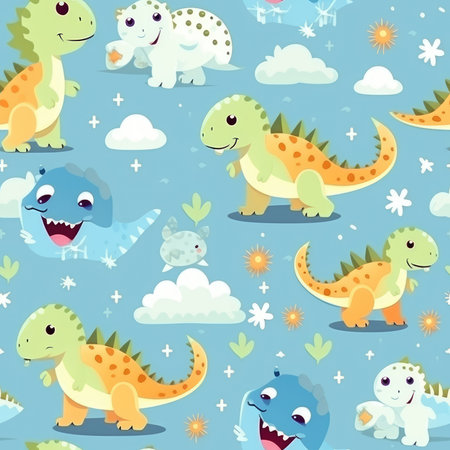 Cute cartoon dinosaurs in a seamless pattern. Perfect for baby clothes, wallpapers, or textiles.の写真素材