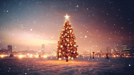 A stunning Christmas tree stands in a snowy city at night. Lights twinkle, creating a magical winter scene.の写真素材