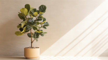 A fiddle leaf fig plant in a beige pot sits in sunlit room. Minimalist home decor