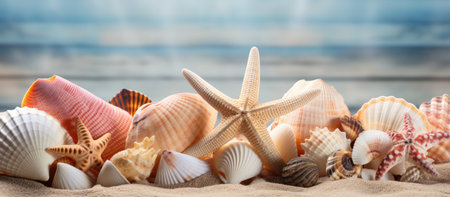 Collection of seashells and starfish on a sandy beach. Summer vacation memories.