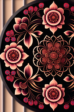 A captivating round artwork featuring a detailed peach and black floral mandala. Intricate designs...